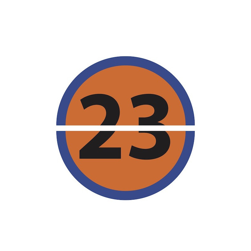 Autocollant NUMERO Demi Rond 23 orange liseret bleu ou au choix diam 300mm