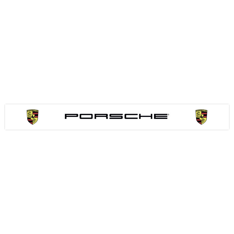 Autocollant PORSCHE pare soleil blanc texte noir logo latéraux 1400x160