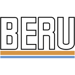 Autocollant BERU logo blanc detour noir bandes orange bleu L120 H 60 mm