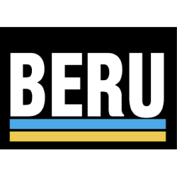 Autocollant BERU logo blanc fond noir bande bleu jaune.L 150 H 100mm